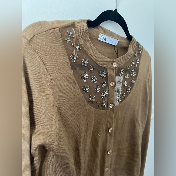 NEW with tags Zara cardigan tan brown button up rhinestone diamond floral - Picture 6 of 7